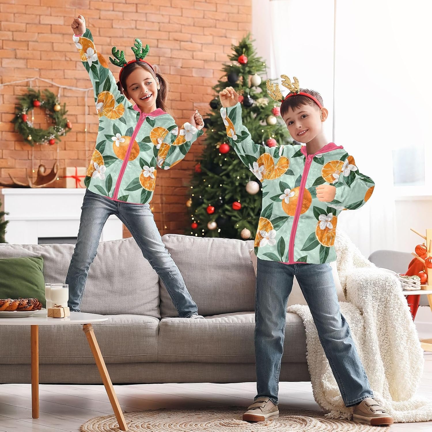ALAZA Orange Fruit with White Flower Hoodie Jacket for Girls Toddler Fleece Zip Up Coat Plush Jacket for 3 Years