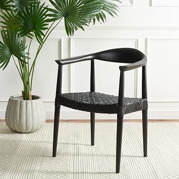SAFAVIEH Home Collection Wade Black Teak Wood Arm Chair with Woven Leather Web Seat, Fully Assembled Mid-Century Modern Accent Chair (FOX1003B)