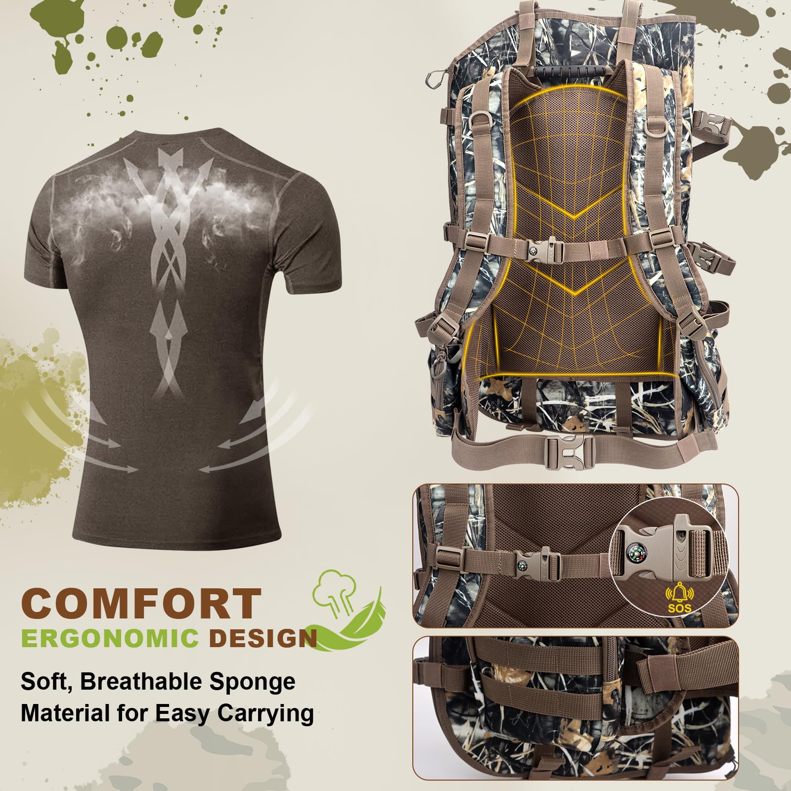 Sac à dos de chasse homme avec porte-arc, sac de chasse en selle et sac de sport