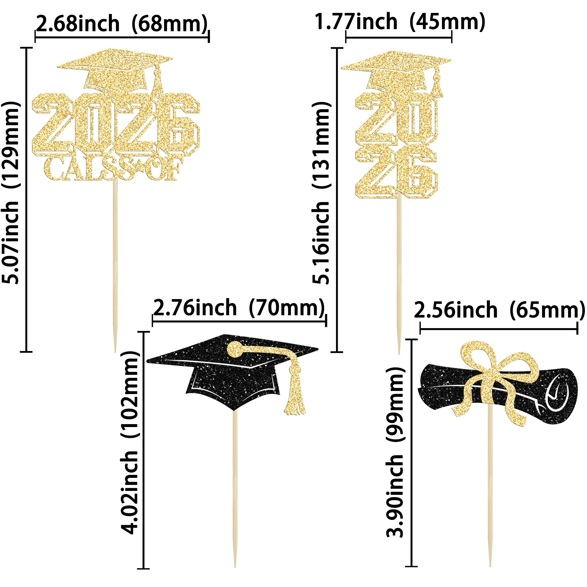 Gyufise 36Pcs 2026 Graduation Theme Cupcake Toppers Glitter Class of 2026 Cupcake Picks Diploma Grad Cap Cupcake Decorations for 2026 Graduation Theme Party Cake Decorations Supplies Gold - Image 2