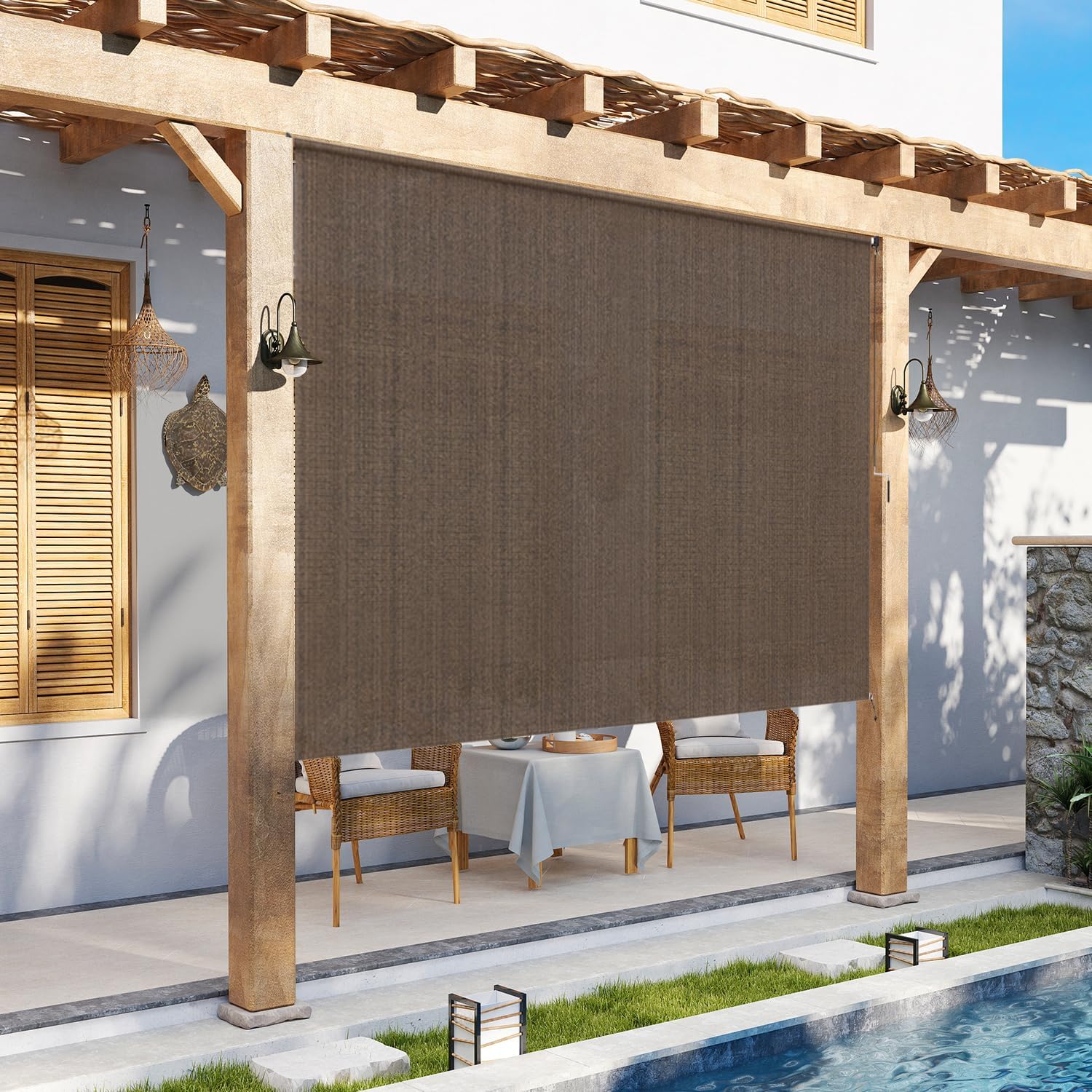 MEOOEM Sunshades Roller Shade Blinds 7' W X 6' H for Porch Pergola Balcony Patio Backyard Deck or Outdoor Spaces 95% UV Protection, Mocha