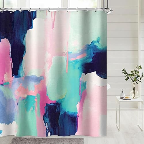 Riyidecor Cortina de ducha abstracta de acuarela de 60 pulgadas de ancho x 72 pulgadas de alto, arte moderno estético, color azul, rosa, degradado,