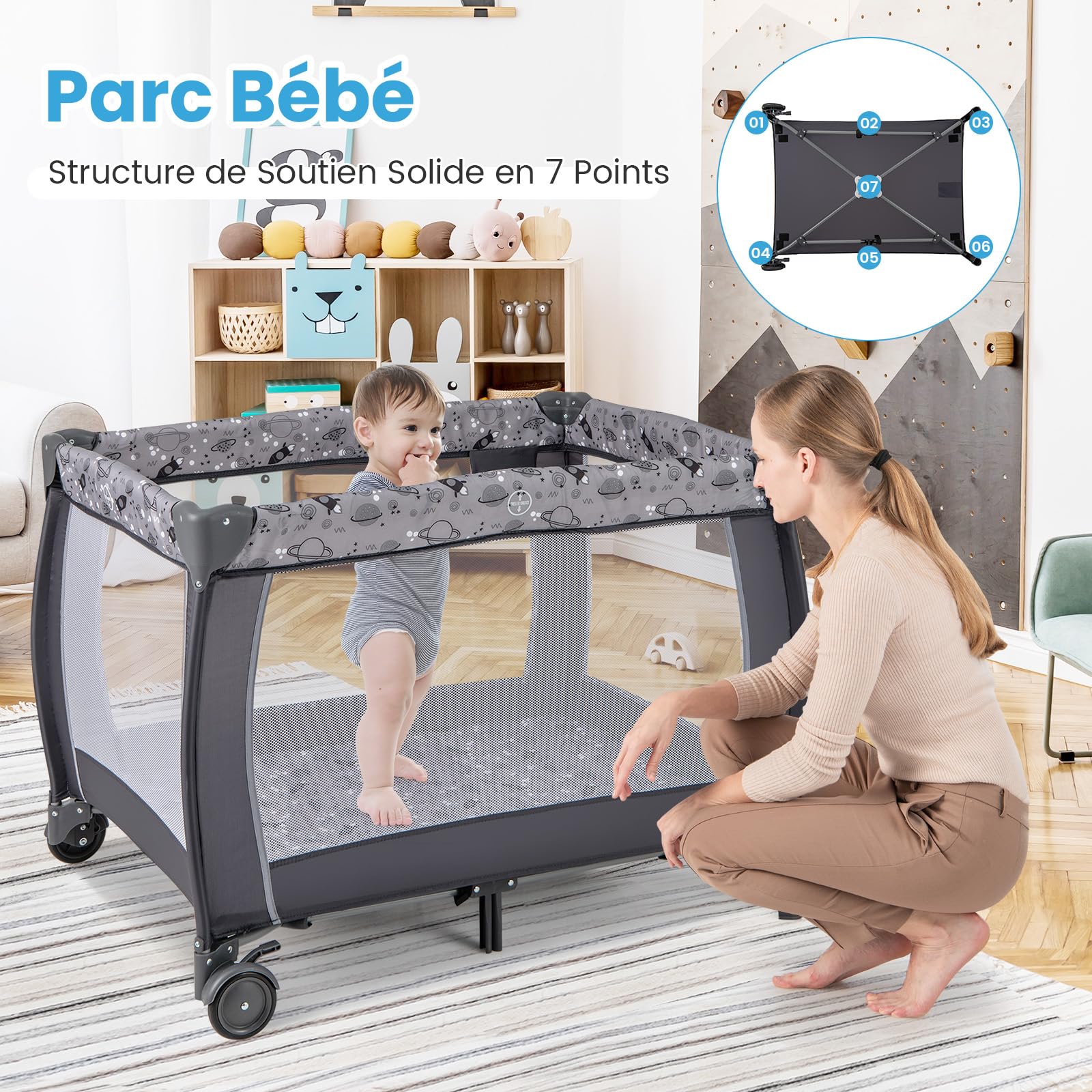 GOPLUS Lit Parapluie Bebe avec Matelas, 4 en 1 Berceau Bébé Evolutif avec Table a Langer, Roues Verrouillables, Jouets Suspendus, Boîte à Musique, Lit de Voyage Portable pour 0-3 Ans