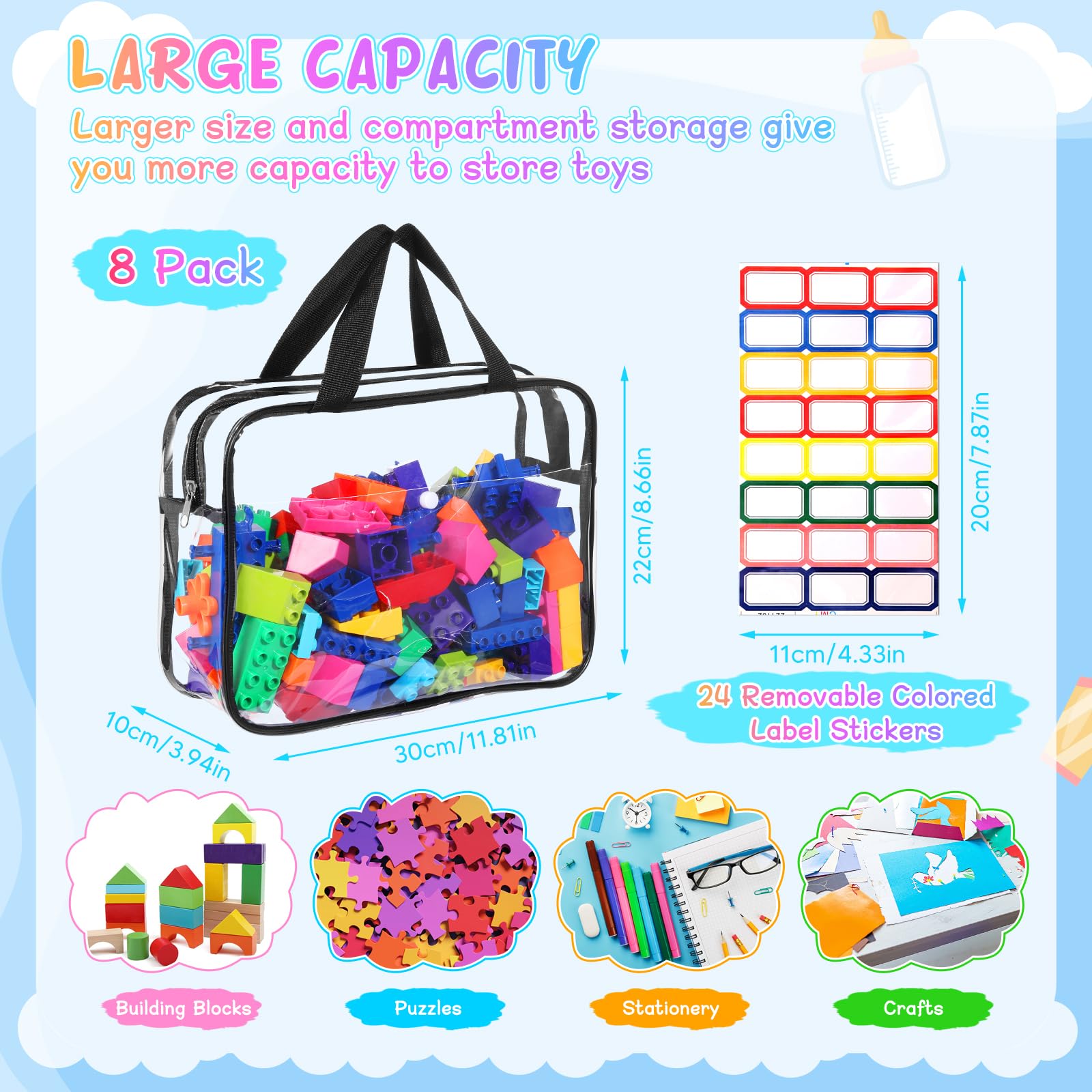 8 Packs Large Toy Storage Bags with Labels&Manual Pocket, Reusable Clear PVC Board Game Storage Bags, Travel Waterproof Organizer Bags with Zipper for Building Blocks, Puzzle, Cosmetic