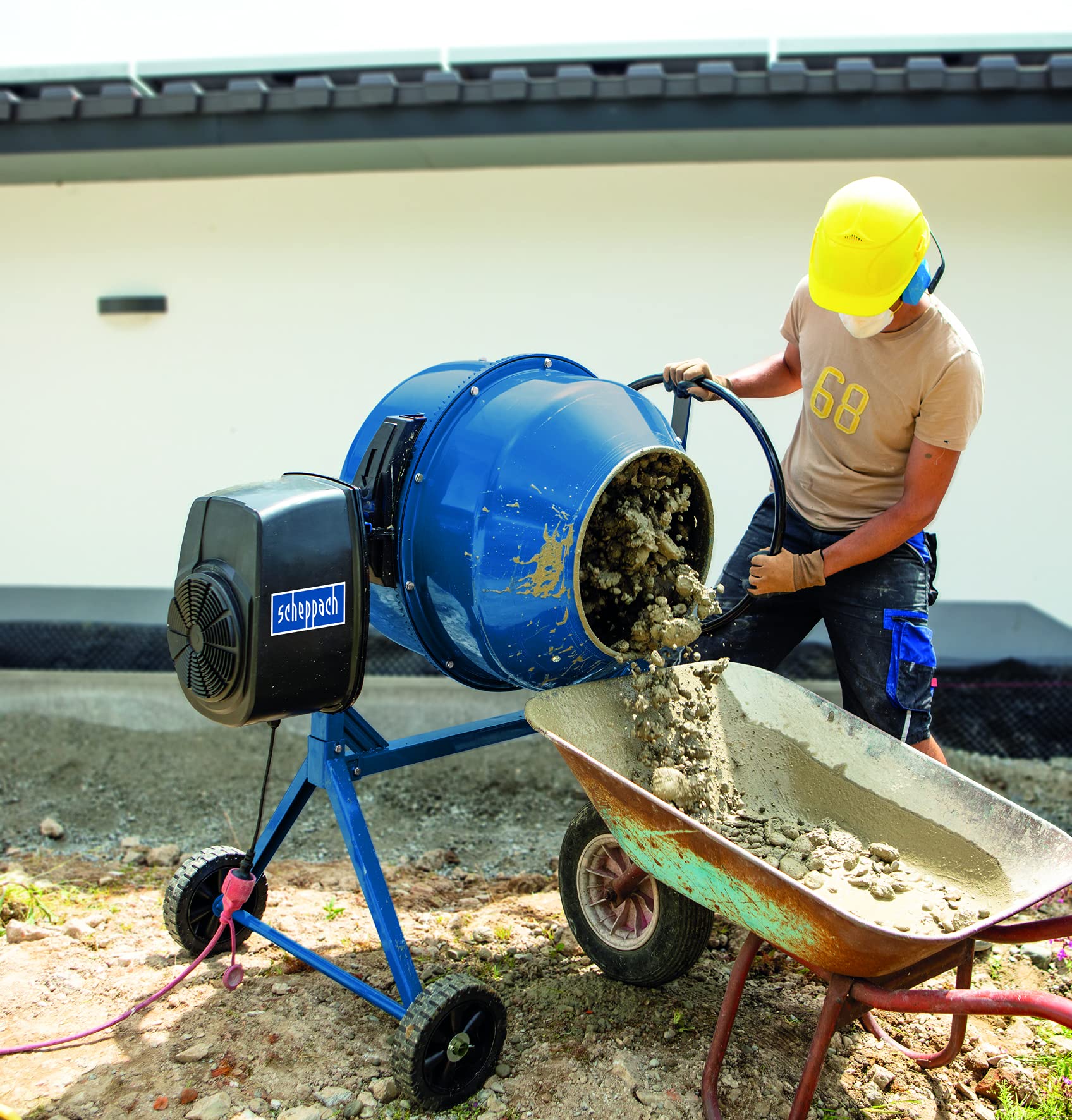 scheppach Betonmischer MIX160 Betonmischmaschine + Siebtrommel (160L Fassungsvermögen, 650W Mörtelmischer, Rastscheibenarretierung über Fußbedienung, Zementmischer mit Gußzahnkranz und Kompostsieb)
