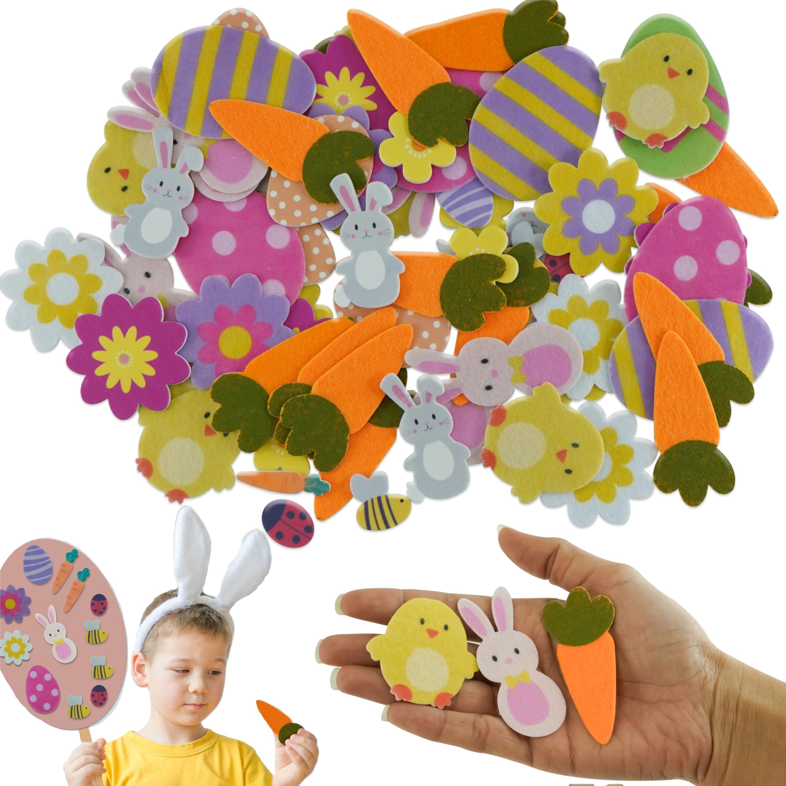 93PCS Easter EVA Foam Stickers for Kids Made of Foam Multi Color Shapes Include Eggs, Bunnies and Chicks, Kids Craft Window Decorations