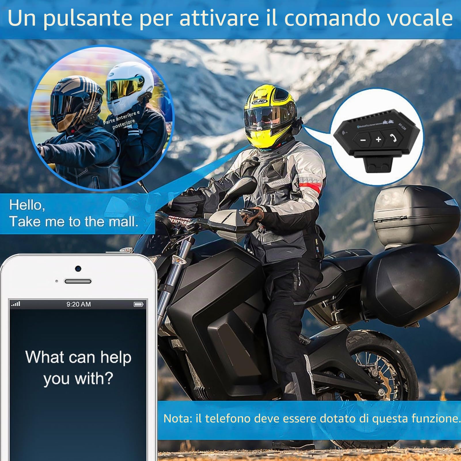 Interfono Moto, BT12B V5.0 Cuffie da Moto Bluetooth con Sistema di Comunicazione a Mani Libere e Funzione di Riduzione del Rumore, Auricolare Hi-Fi Offrono Prestazioni Audio di Alta Qualità