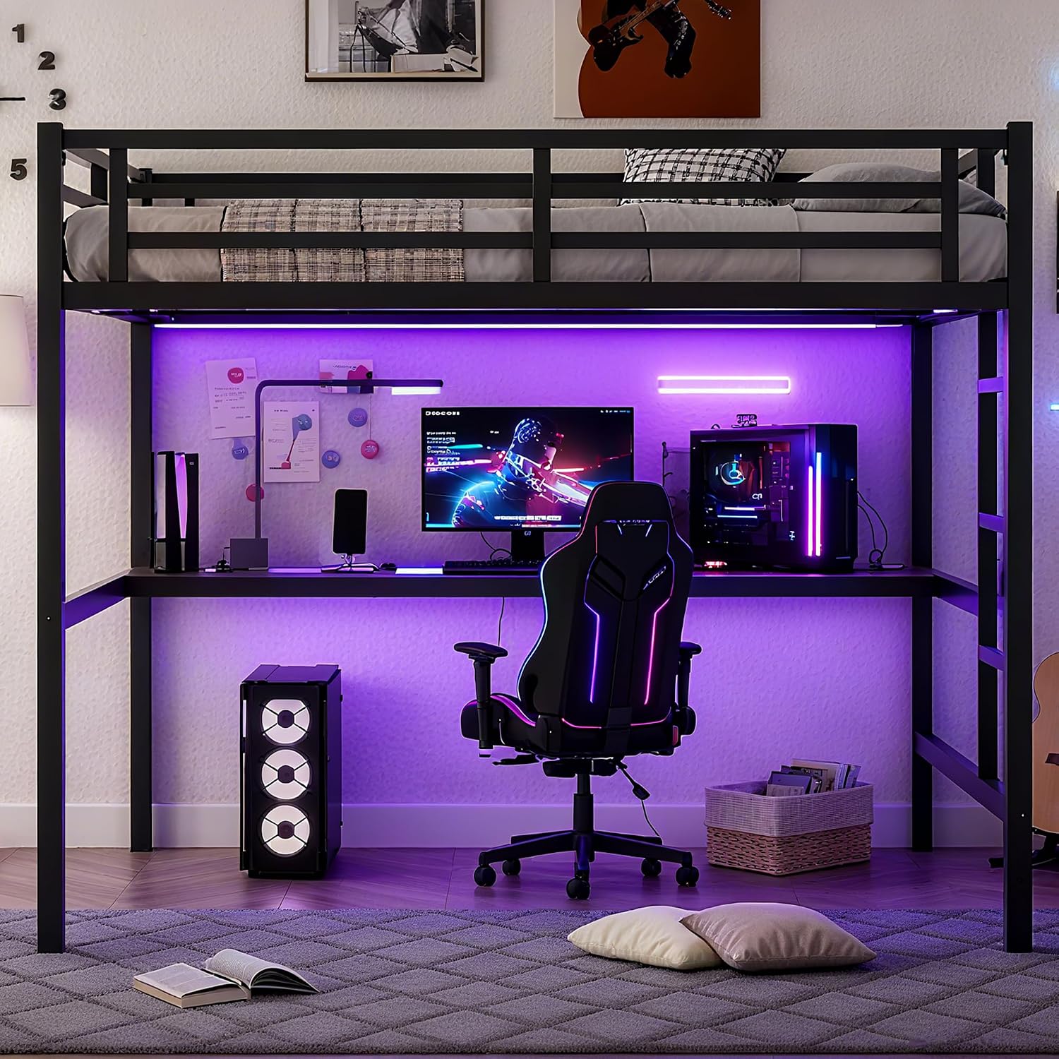Bellemave Full Size Loft Bed with Desk, Metal Full Loft Bed Frame with Built-in Ladder, LED Loft Beds with Charging Station & Safety Guardrails for Kids, Teens, Adults, Black