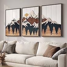 Framed Textured Wood Mountain Wall Art for Living Room, Large 3 Piece 3D Wood Farmhouse Artwork for Walls, Boho Landscape Mountain Forest Sun Wall Art Decor for Bedroom Office Hallway, 24x36 Inch