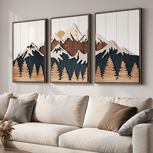 Framed Textured Wood Mountain Wall Art for Living Room, Large 3 Piece 3D Wood Farmhouse Artwork for Walls, Boho Landscape Mountain Forest Sun Wall Art Decor for Bedroom Office Hallway, 24x36 Inch