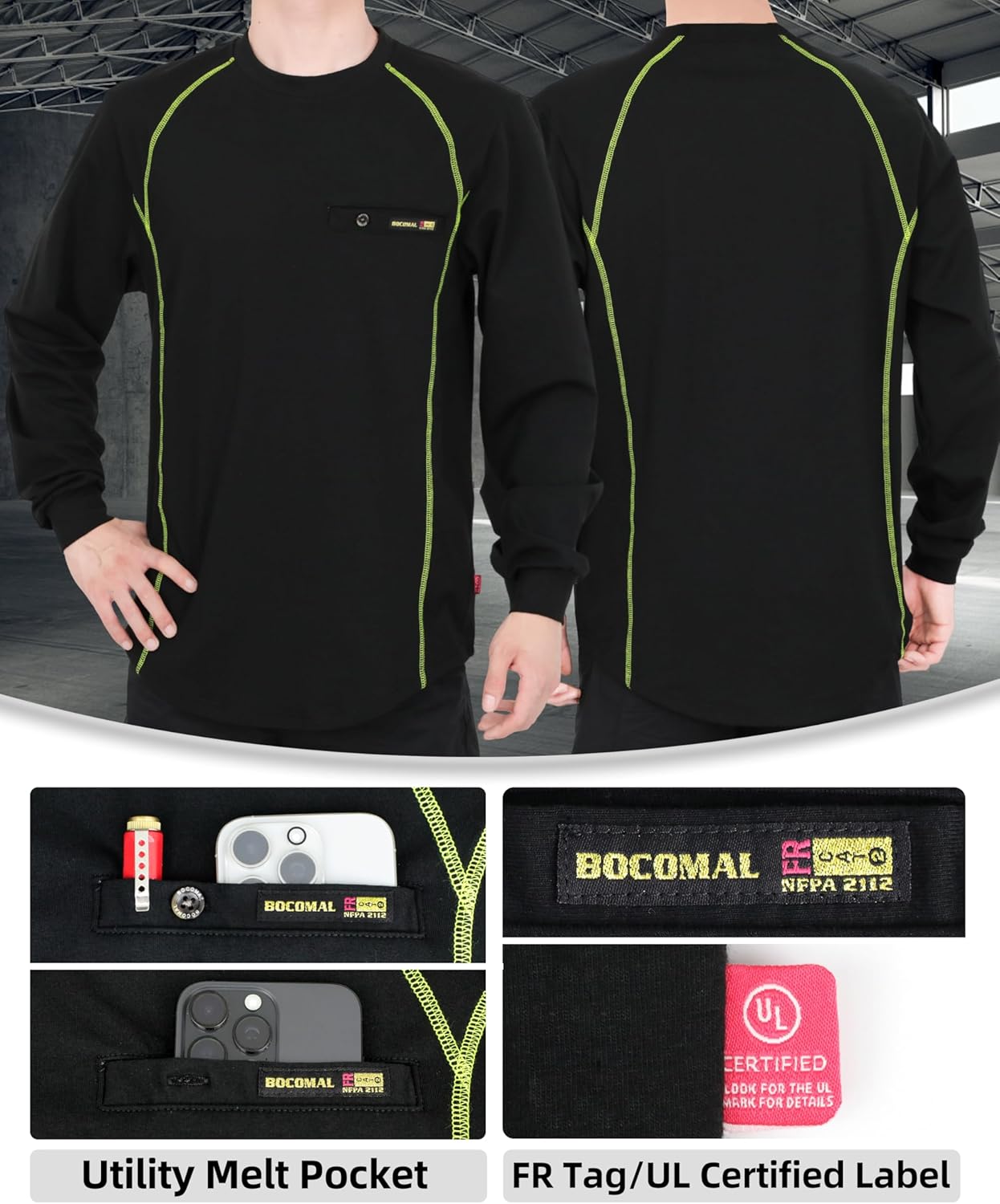 BOCOMAL FR Shirts for Men Melt Pocket Lightweight Crew T-Shirt NFPA2112/CAT2 Fire Resistant Work Shirt - Image 3