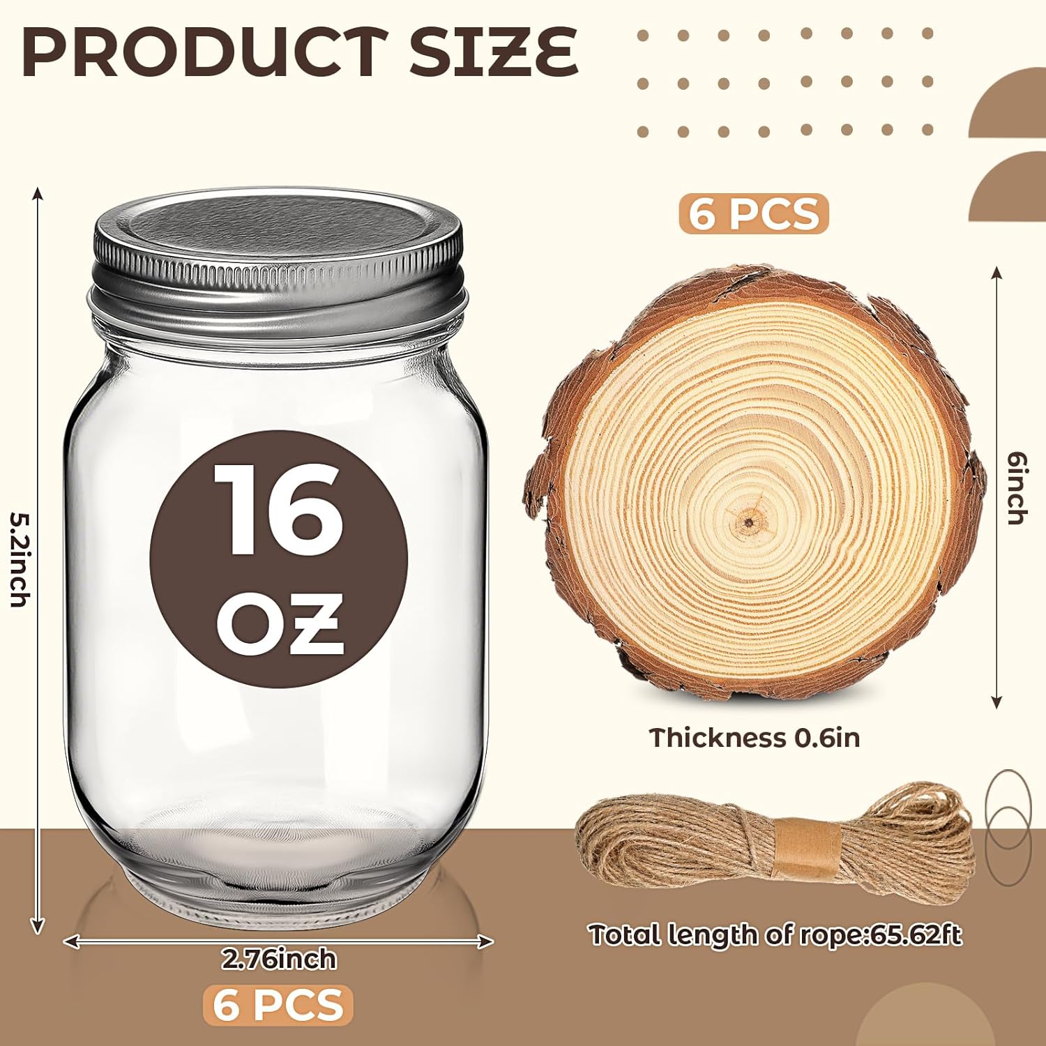 Honeydak 6 Sets Wedding Table Centerpieces 4.8 Inches Glass Mason Jar Vase for Flower Centerpieces 5.5-6.3 Inches Wood Slices Wooden Disc Coasters Winter Xmas Farmhouse Table Decoration