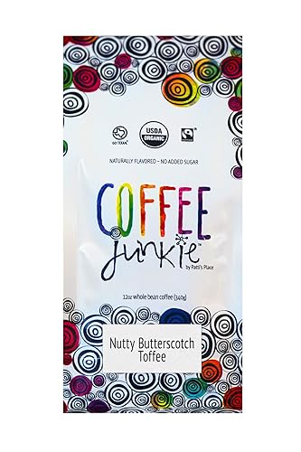 Coffee Junkie Nutty Butterscotch Toffee - Granos de café orgánicos con sabor natural, 12 onzas, descafeinado