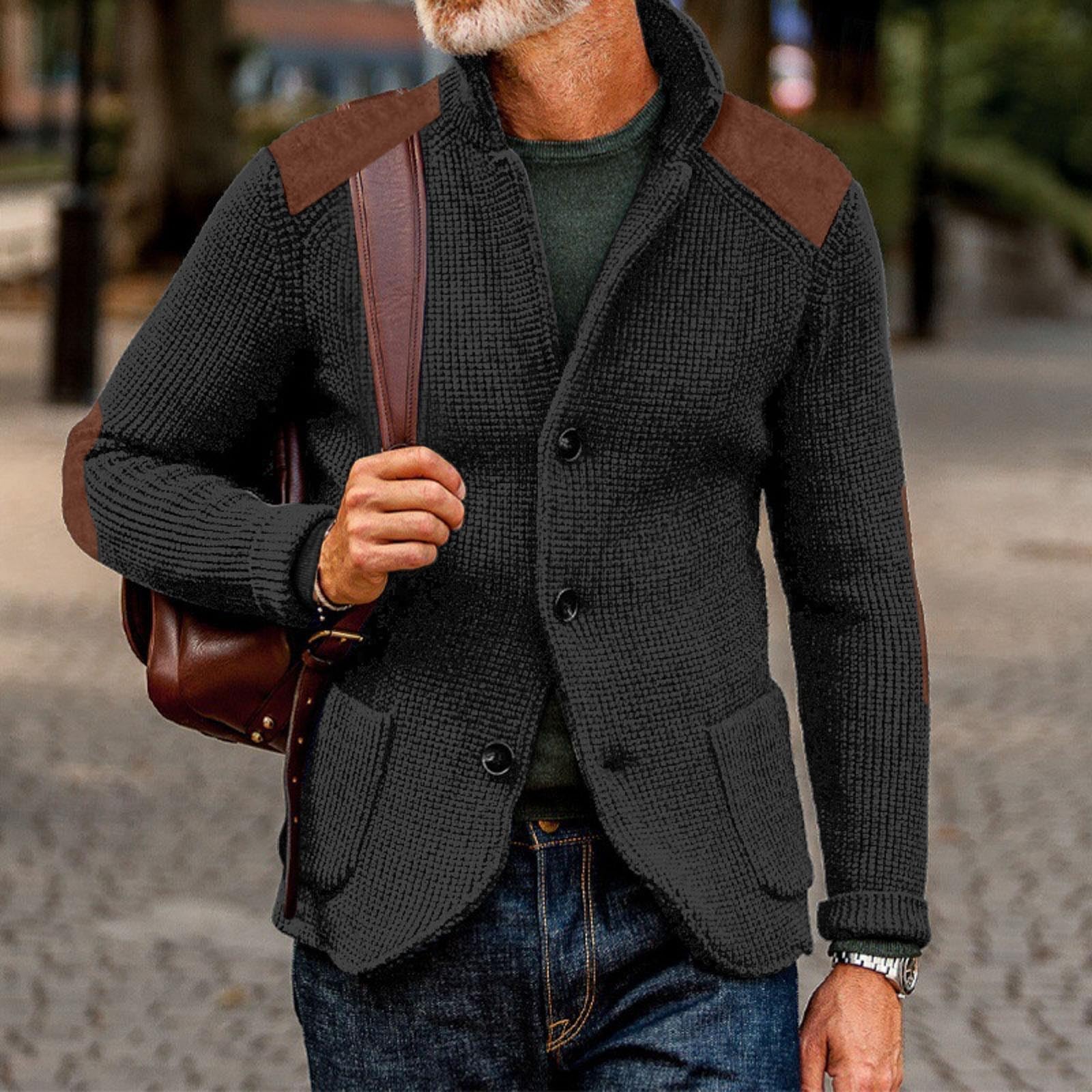 Cardigan Hombre Botones, Chaqueta De Punto Hombre con Cuello Chal Suéter Cuello V Punto Manga Larga Solapa Cuello Abrigo De Punto con Bolsillos Chaqueta De Entretiempo De Punto