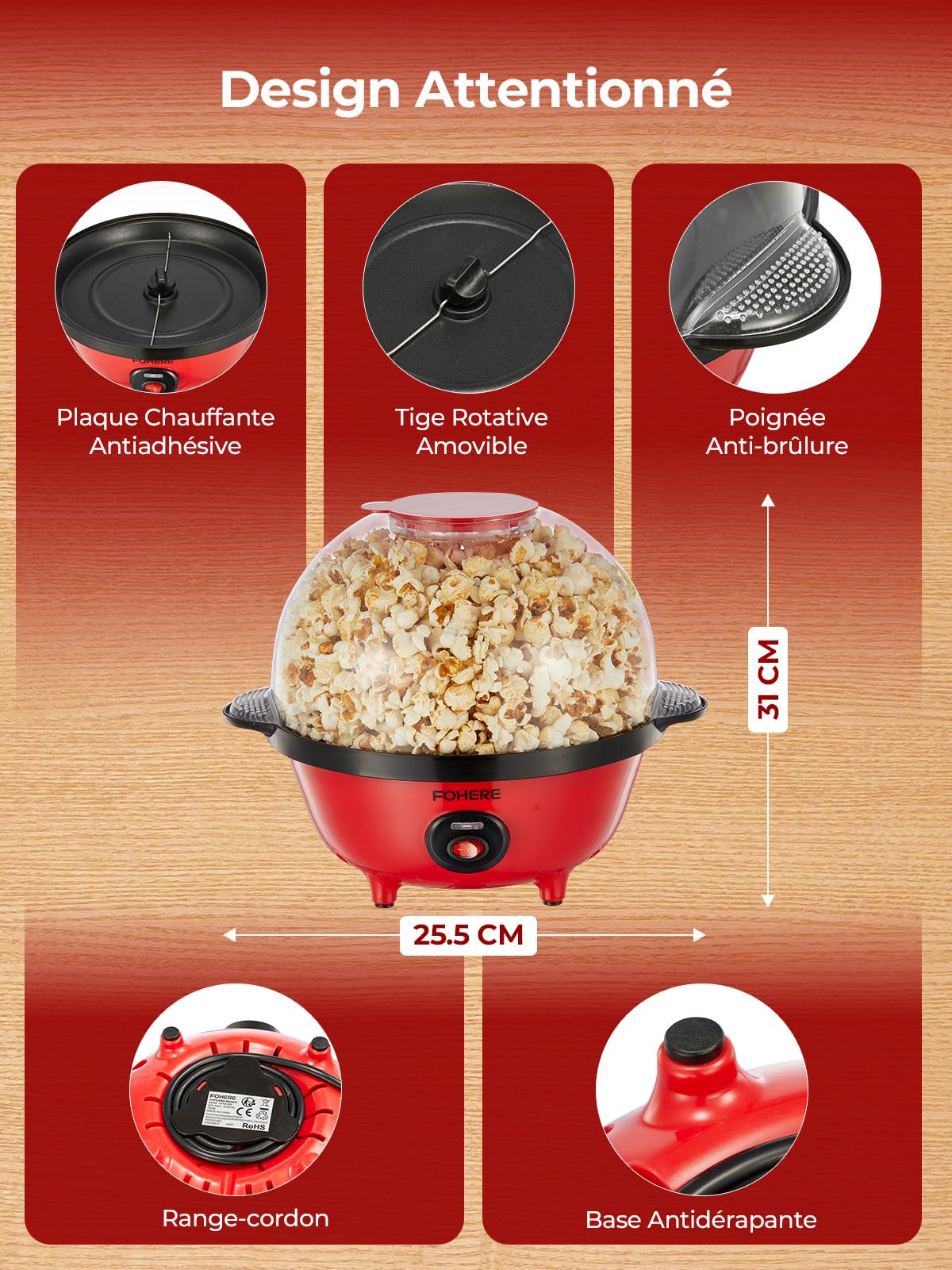 FOHERE 4,5L Machine à Pop Corn, 700W Popcorn Machine avec 2 Tasses à Mesurer pour Les Grains de Maïs, le Sucre et l'huile, Agitation Automatique, Idéal pour Les Vacances et Les Soirées Cinéma