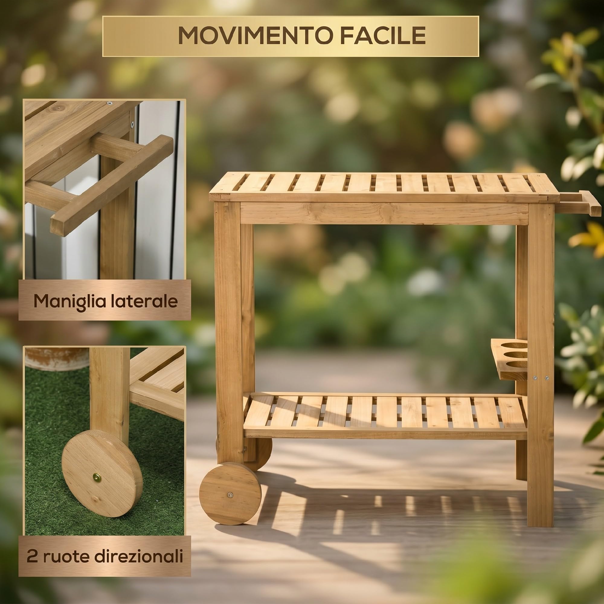 Outsunny Carrello Portavivande da Giardino, Carrellino 95x47x74 cm Legno | Legno di Abete, 2 Ripiani a Doghe, Carrello di Servizio, 3 Portabottiglie e Maniglia, per Patio Terrazza