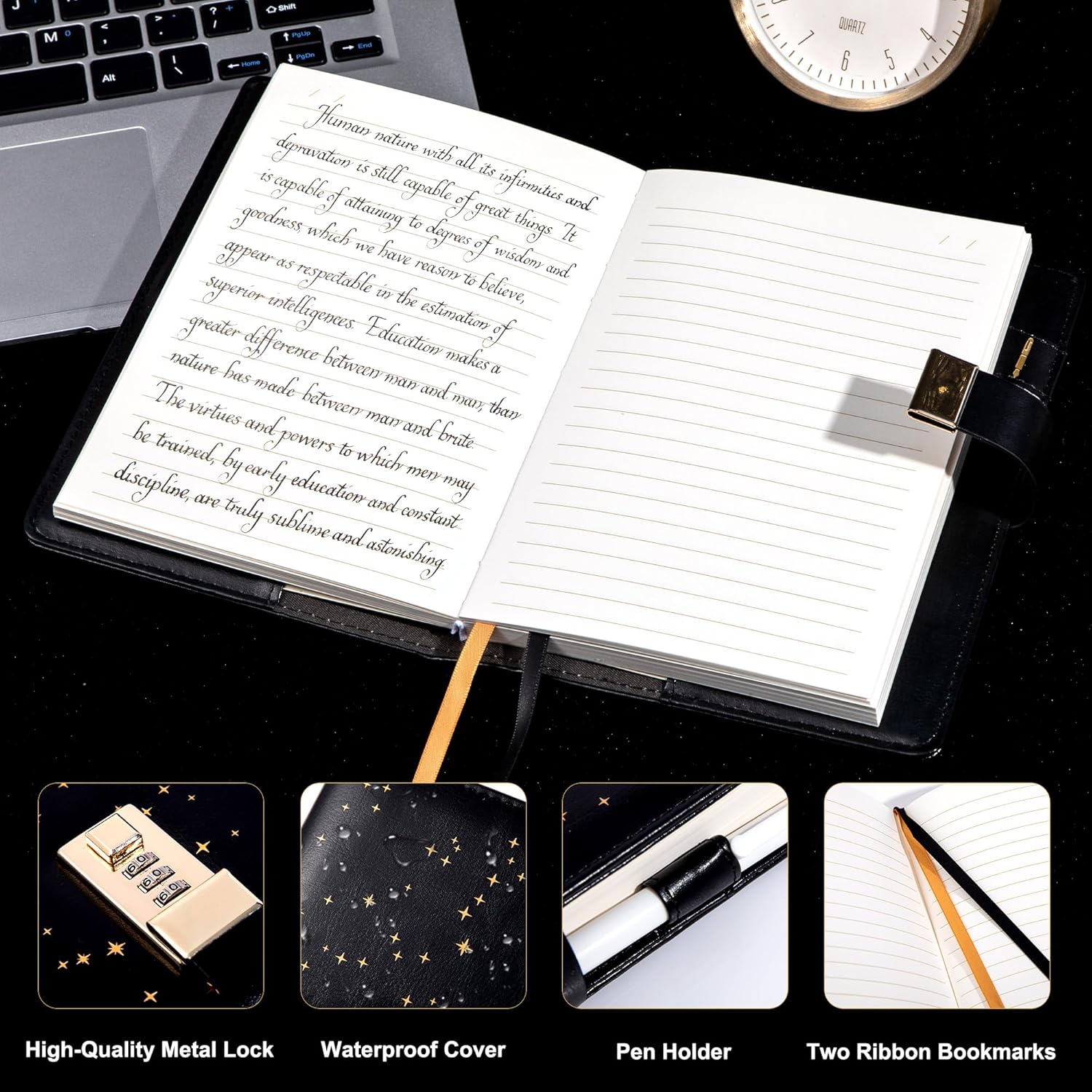 CAGIE Diary with Lock for Girls and Women, Lock Diary Combination Personal Constellation, A5 Waterproof Journal for Girls Ages 8-12 Gifts Presents, Black Shiny Star