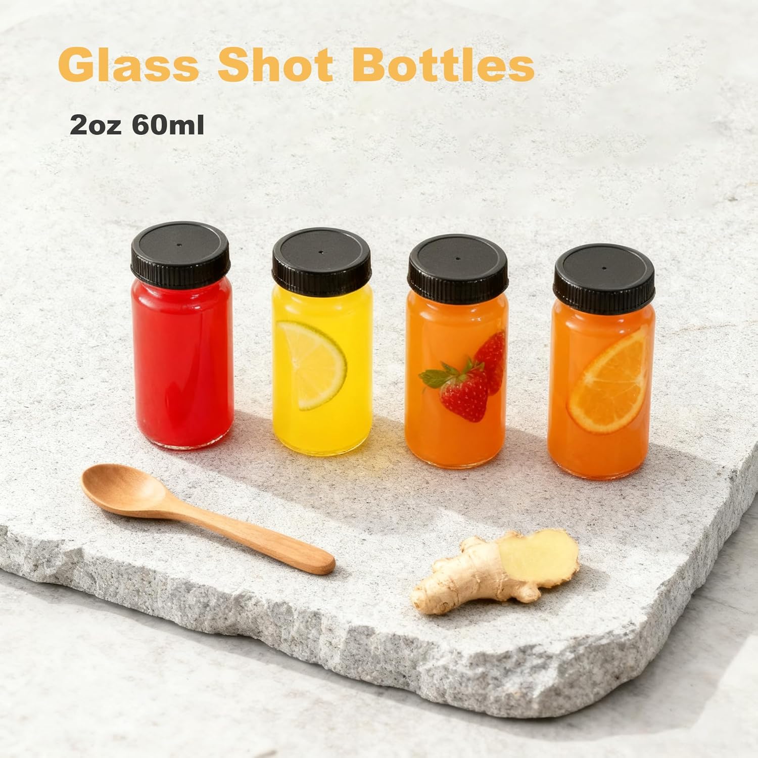 12 Pack 2 oz Glass Shot Mini Bottles with Black Lids - Reusable Leakage-Proof Small Clear Jar for Ginger, Wellness Shot, Juice, Sample, Whiskey, Essentials - Wide Mouth Containers, Dishwasher Safe - Image 5