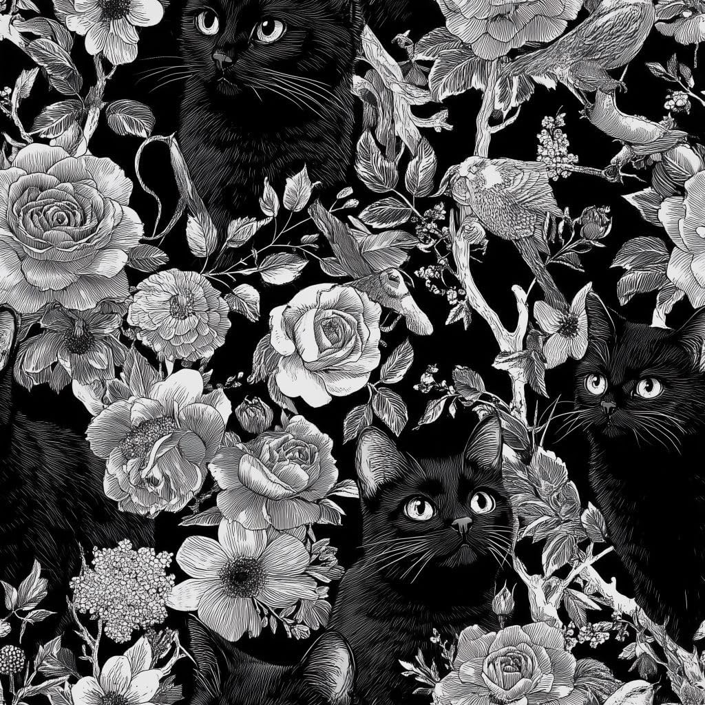 Cute Gothic Cat Animal Floral Wallpaper Self Adhesive Peel and Stick Watercolor Whimsical Botanical Leaf Paper Removable Waterproof for Bedroom Renter Friendly 17.71"x236.2"