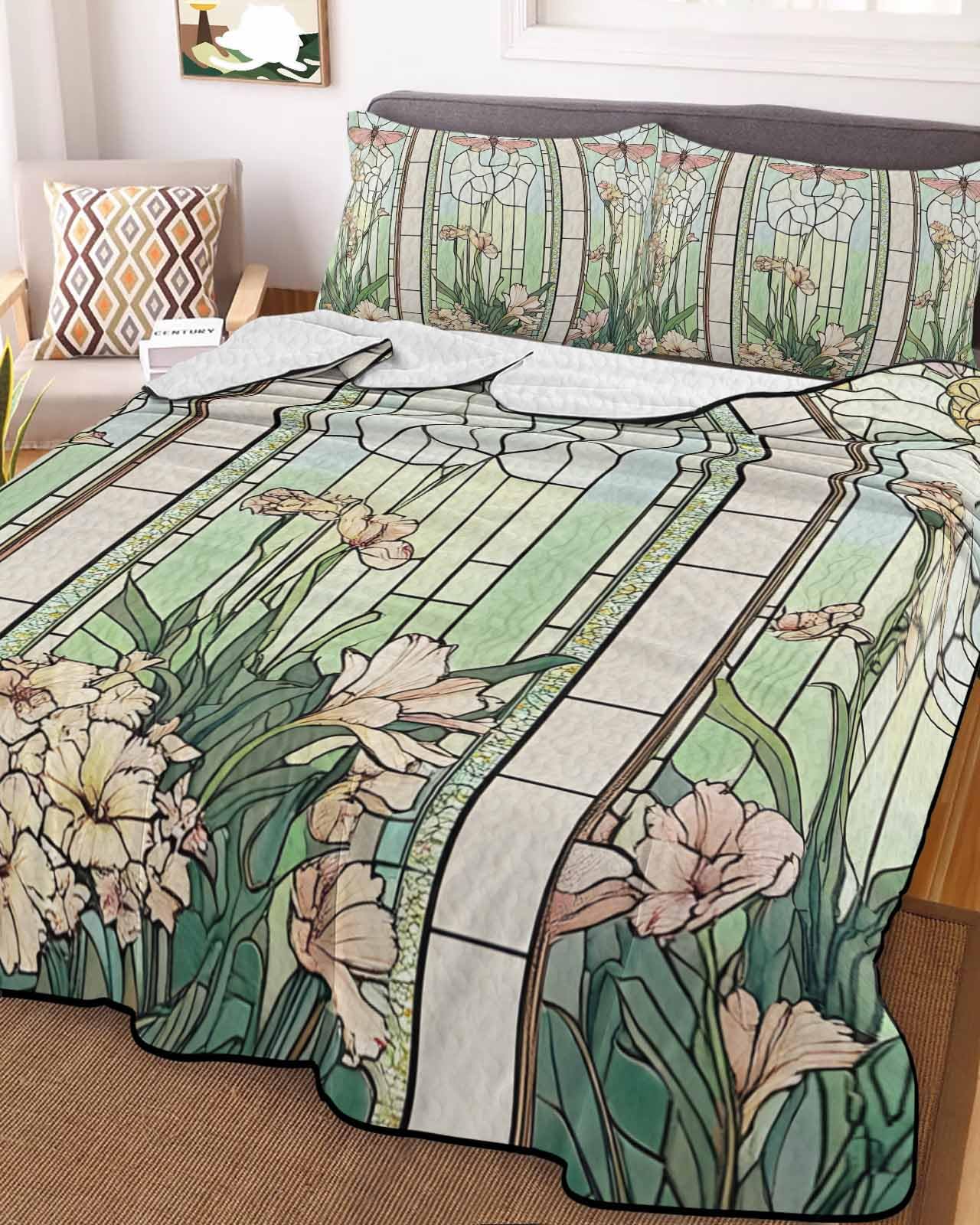 3-Piece Summer Quilt Queen Size, Butterfly Stained Glass Lightweight Cooling Bedding Comforter Blanket with 2 Pillow Shams, Summer Dragonfly Botanical Vintage Bedspreads Quilted Coverlet Sets 90