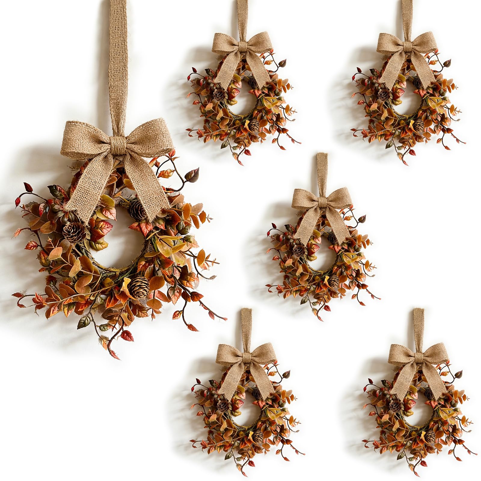 View 1 of [MISSING BOWS] EYNDYN Fall Hanging Wreath Set with Pine Cones and Autumn Leaves