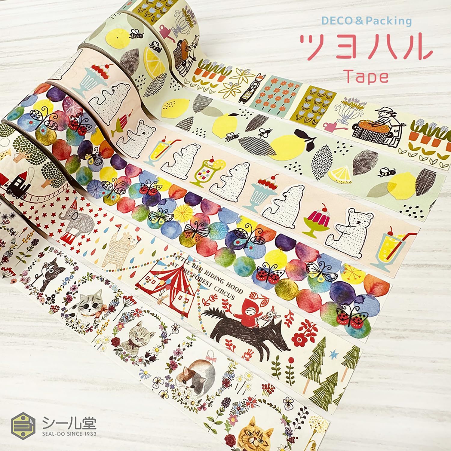 シール堂 Seal-do ks-cft-40002 Tsuyoharu Tape, Cat, Flower and Butterfly, 1.1 inch (27 mm) Wide, 16.4 ft (5 m) Roll, Set of 2 Rolls