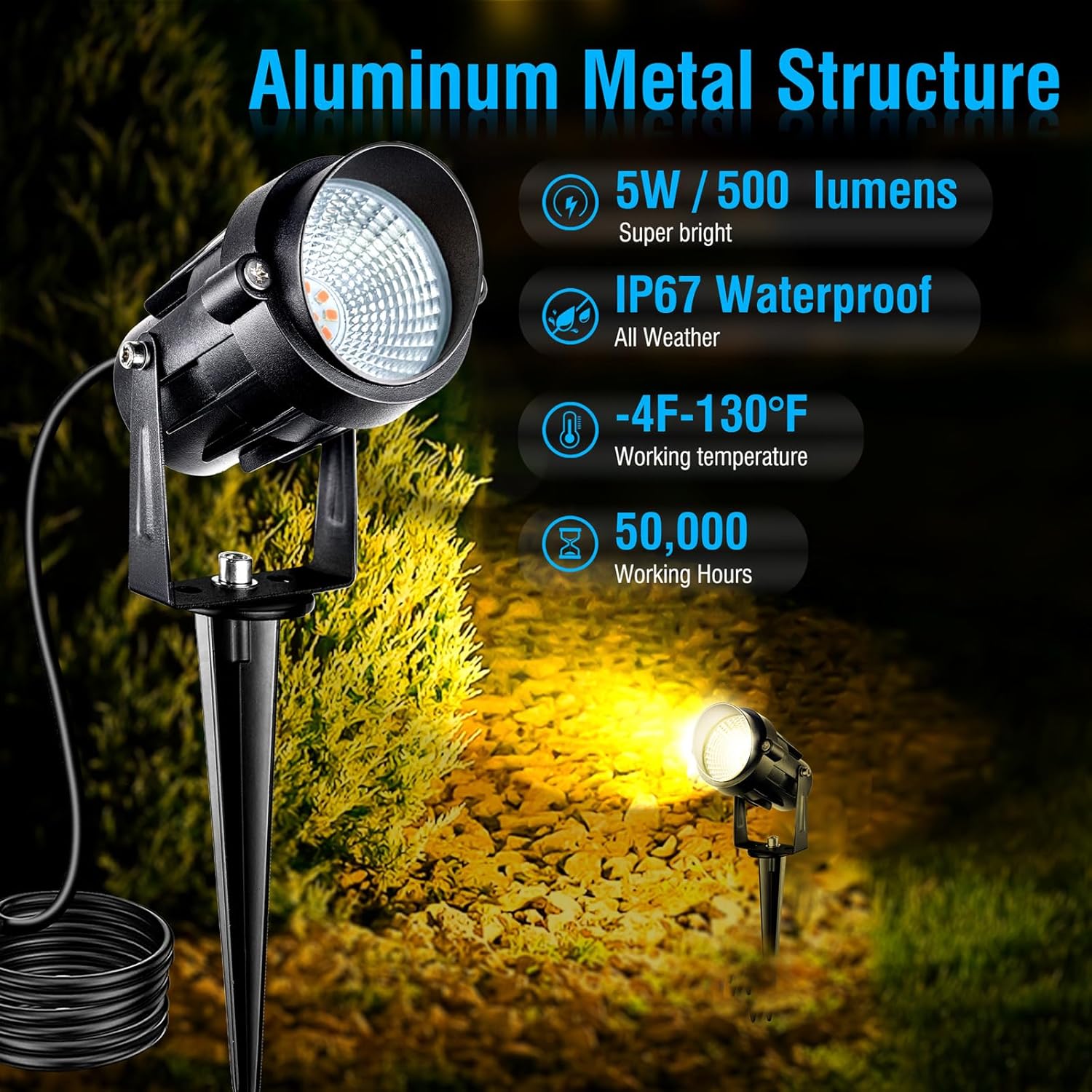 5W Low Voltage Landscape Lights with Connectors, AC/DC 12V-24 Landscape Spotlights 3000K Warm White Waterproof Garden Yard Pathway Wall Tree Flag Landscaping Lights with Spike Stand (6 Pack)