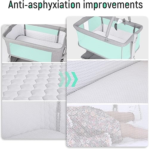 Miniatura 7 de Cowiewie - Cuna para bebé junto a la cama con cesta de almacenamiento, ruedas, cuna portátil plegable fácil con ruedas, altura ajustable, cunas