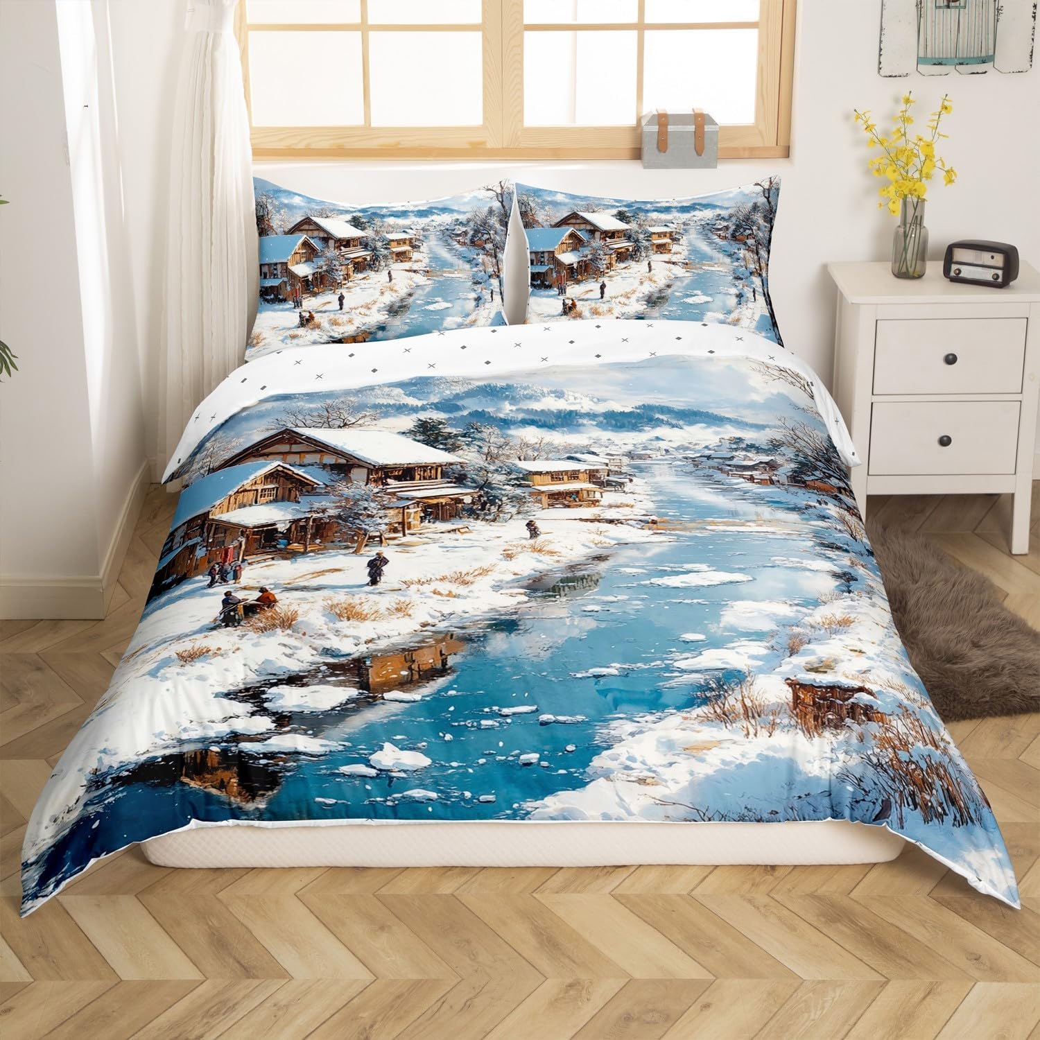 Red-Crowned Crane Duvet Cover Set Toddler Size,Bird Red Sun Flowers Blue Cloud Reversible Quilt Cover for Kids Boys Girls Traditional Chinese Painting Bedding Set with 1 Pillowcase,No Comforter