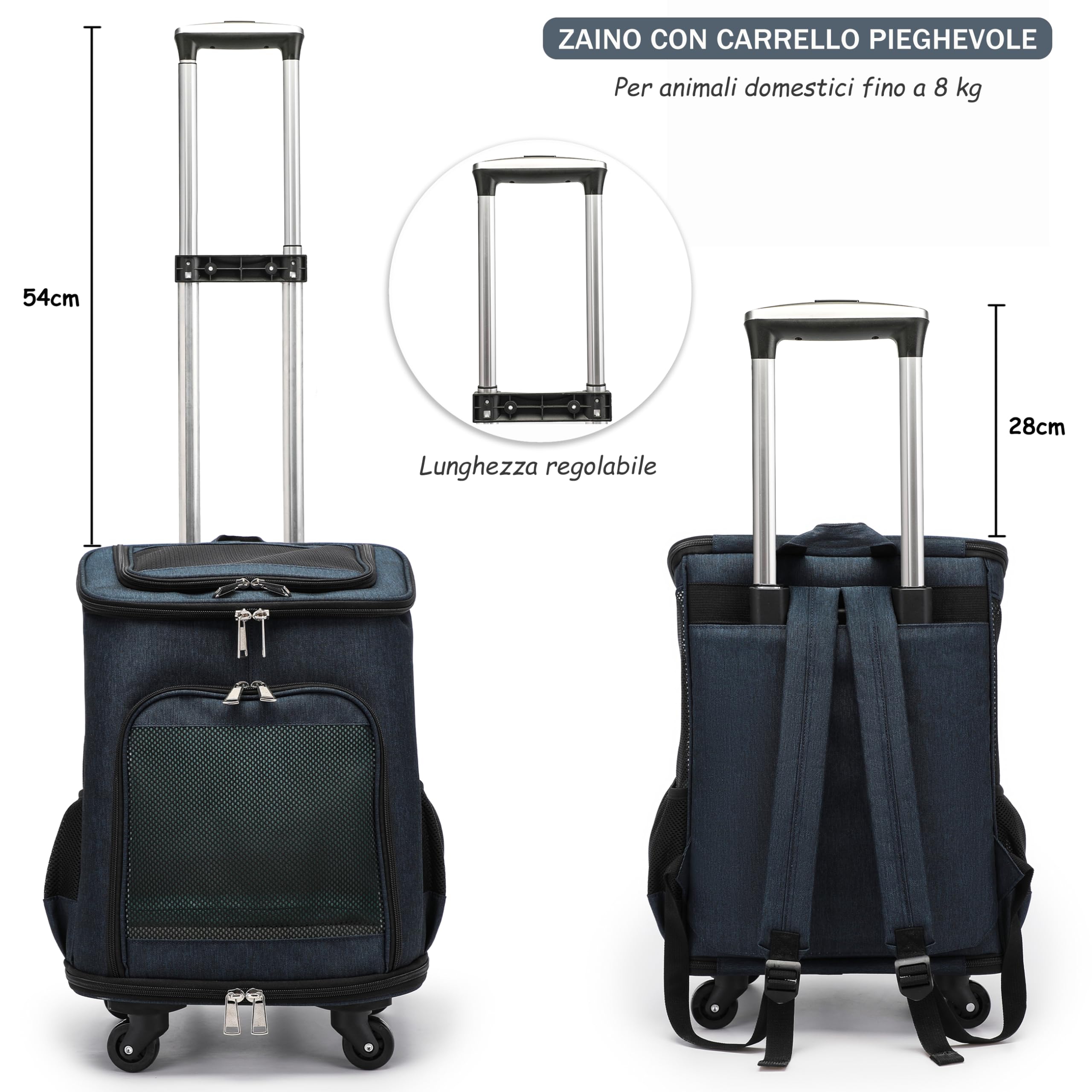 Zaino Trolley per Animali Domestici Pieghevole, Trasportino Gatto Cane con Ruote, Borsa Trasporto Gatti, Borsa Multifunzione Traspirante per Cani Piccoli fino a 8kg