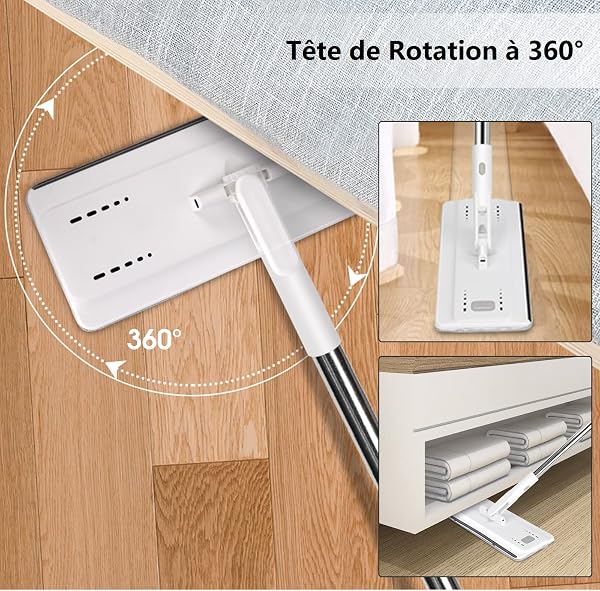 MASTERTOP Serpillière Seau Essoreur, Balai Plat Microfibre Rotative 360° et Seau Essoreur Auto-Lavage, Vadrouille de Mains Libre pour Nettoyage de Sol Lisse avec 5 Tampons Réutilisables (Blanc) - 4