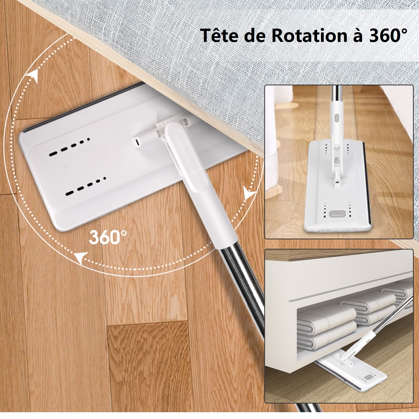 MASTERTOP Mocio Piatto Lavapavimenti in Microfibra da 140cm e Secchio Strizzatore con Mani Libere, Mocio Rotante 360°+ Secchio a 2 Scomparti, con 5 Tamponis (Bianco)