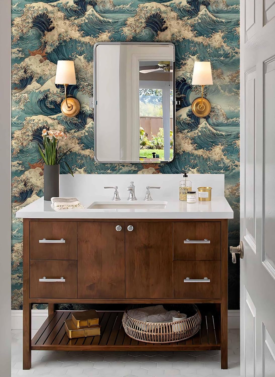 Vintage Ocean Wave Wallpaper, Japanese Art Inspired Seascape Wallpaper for Home Decor | Self-Adhesive, Waterproof Vinyl, 17.7" x 236"