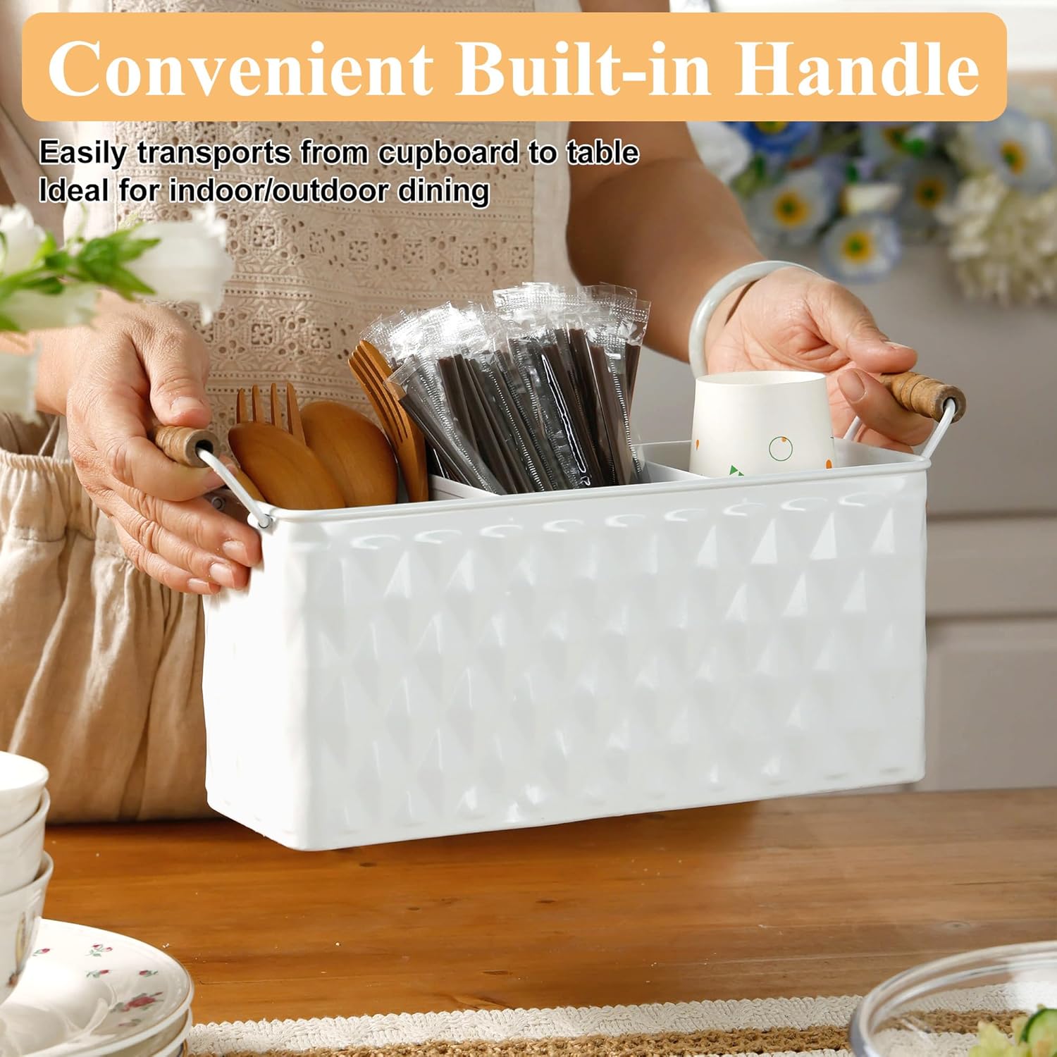 Silverware Caddy for Party Kitchen Flatware Holder for Countertop Metal White Diamond Pattern Embossed Cutlery Organizer with 3 Compartments for Utensils, Spoons, Knives, Forks, Cups,