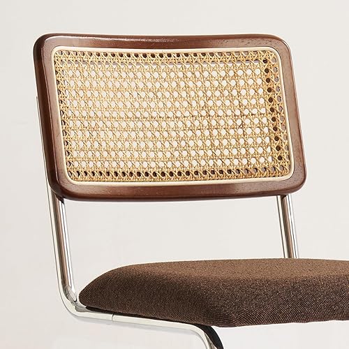 Miniatura 6 de GrandNoor Juego de 2 taburetes de bar modernos con caña de ratán natural y respaldo de madera maciza, tapicería de tela Boucle con patas cromadas de