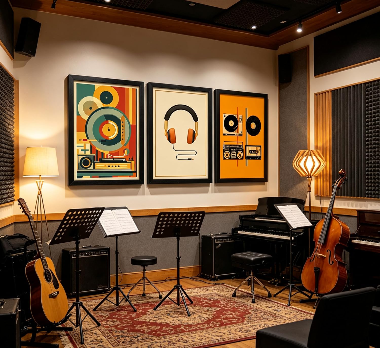 3Pcs Vintage Music Canvas Wall Art MidCentury Modern Vinyl Turntable Painting Picture Wall Decor Geometric Music Bar Rock Music Lovers Poster Print Artwork For Recording Studio Club Home Decoration