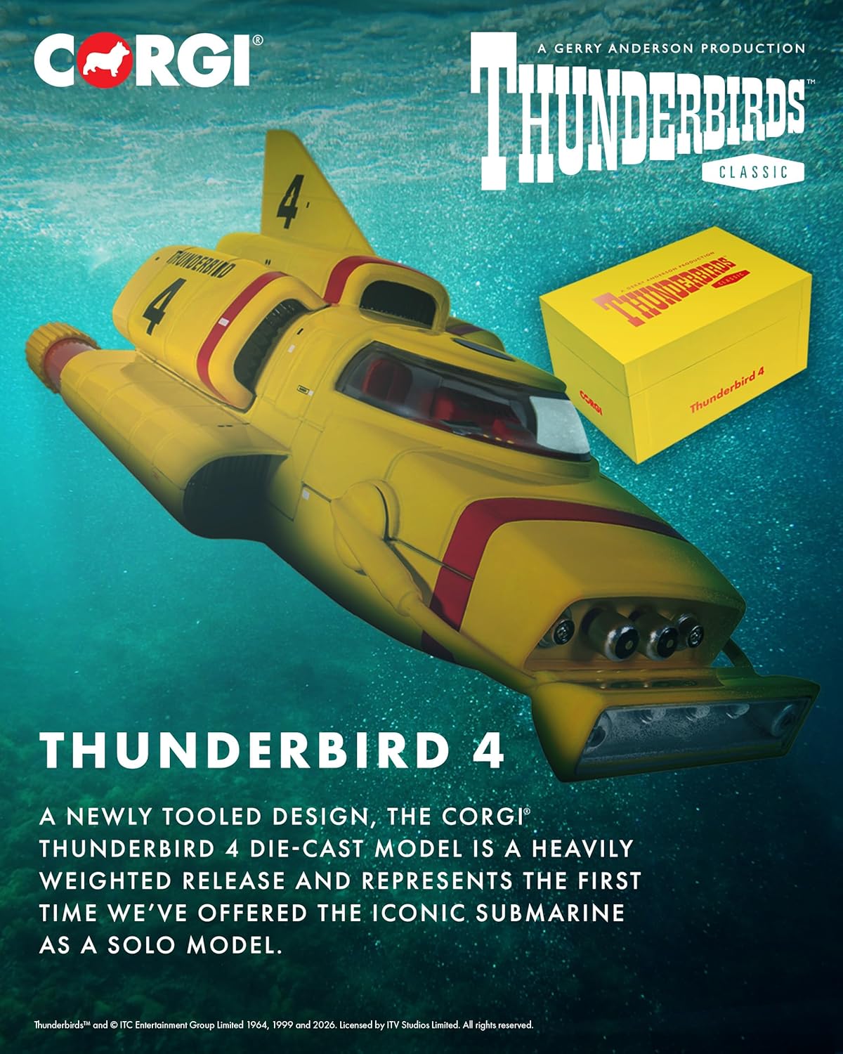 Corgi CC01401 Thunderbirds F.A.B. Collection - Thunderbird 4 Diecast Model Submarine, Pre-Built Model Ship with Twin Torpedo Launcher & Light Bar, Die-Cast Models for Collectors