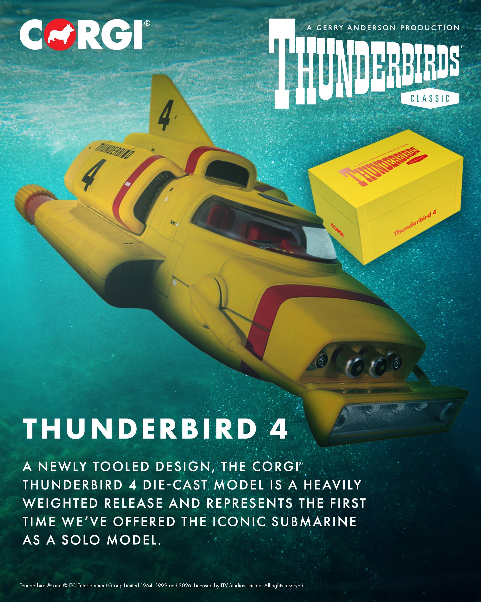 Corgi CC01401 Thunderbirds F.A.B. Collection – Modèle de sous-Marin Thunderbird 4 moulé sous Pression, modèle de Bateau pré-construit avec Double Lanceur de torpilles et Barre Lumineuse, modèles
