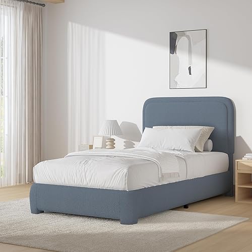 Miniatura 42 de Boucle - Marco de cama tamaño individual, plataforma tapizada con cabecero, estilo moderno, esquinas redondeadas suaves, no requiere somier, fácil