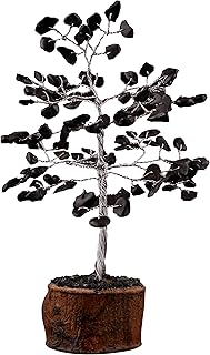 FASHIONZAADI Black Tourmaline Gemstone Bonsai Money Tree Feng Shui Crystal Chakra Stone Healing Crystals Trees Good Luck Home Office Table Décor Health Prosperity Gift Size 7-8 inch (Silver Wire)