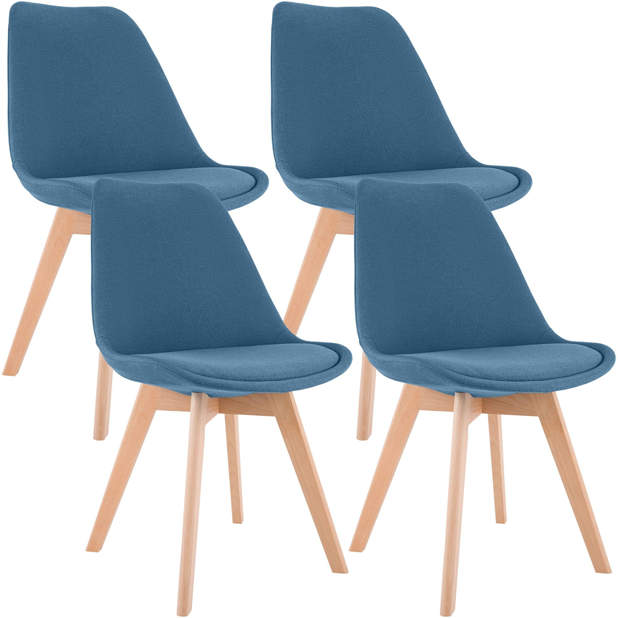 CLP Esszimmerstuhl 4er Set gepolstert Linares, Küchenstühle mit Rückenlehne und Holzgestell Buchenholz, Polsterstühle mit Bodenschonern Farbe blau Material Stoff