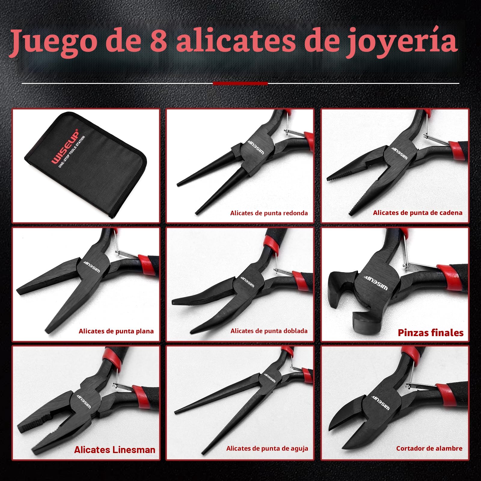 WISEUP juego de 8 piezas de mini alicates, punta de aguja, redonda, plana, larga, punta curva, diagonal, de corte frontal y alicates de líneas para manualidades, electrónica y joyería, con funda