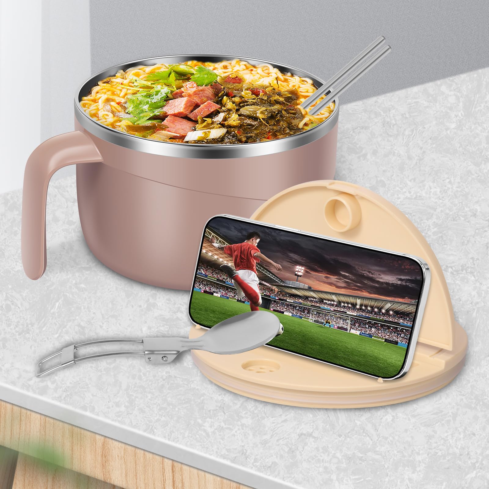 ATopoler 1200ml Rapid Ramen Bowl with Filterable Lid,Portable Ramen Cooker Bowls with Phone Holder and Handle,Stainless Steel Noodle Bowl with Spork Chopsticks for Dorm Office (Khaki)