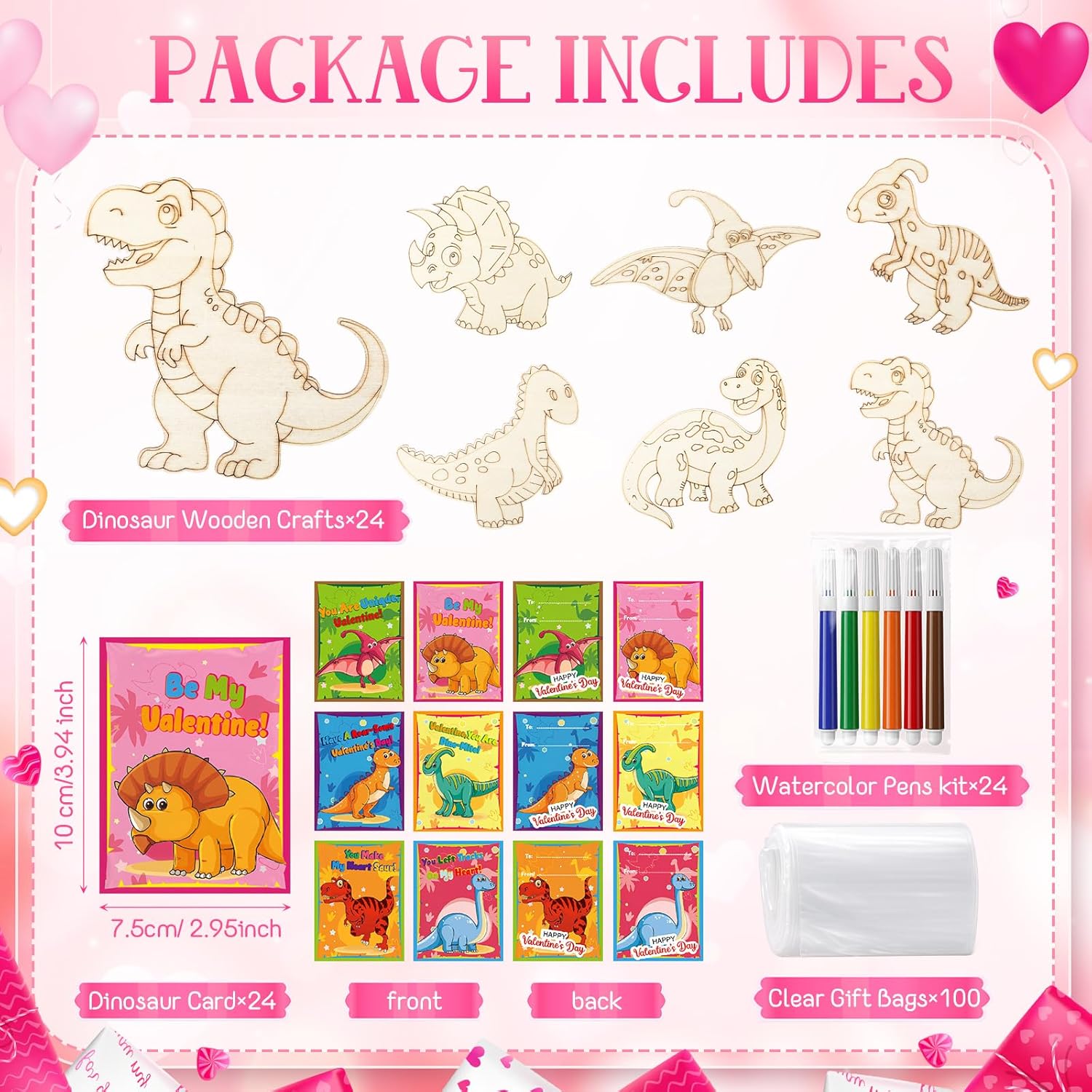 Leinuosen 24 Sets Dinosaur Valentines Gifts Cards Wood Craft Painting Kit Dinosaur Day Party Favors DIY Unfinished Wooden Painting Cutouts Valentines Day Exchange Gift Bag Makers Stuffers for Birthday
