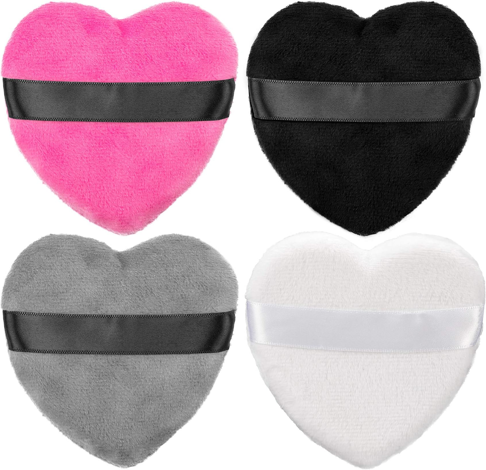 OIIKI 4PCS Makeup Puffs, Polyester Powder Puff, Makeup Tool Sponges Blender Cleanser, in Love Shape with Strap, for Cosmetic (Gray+White+Rose+Black)