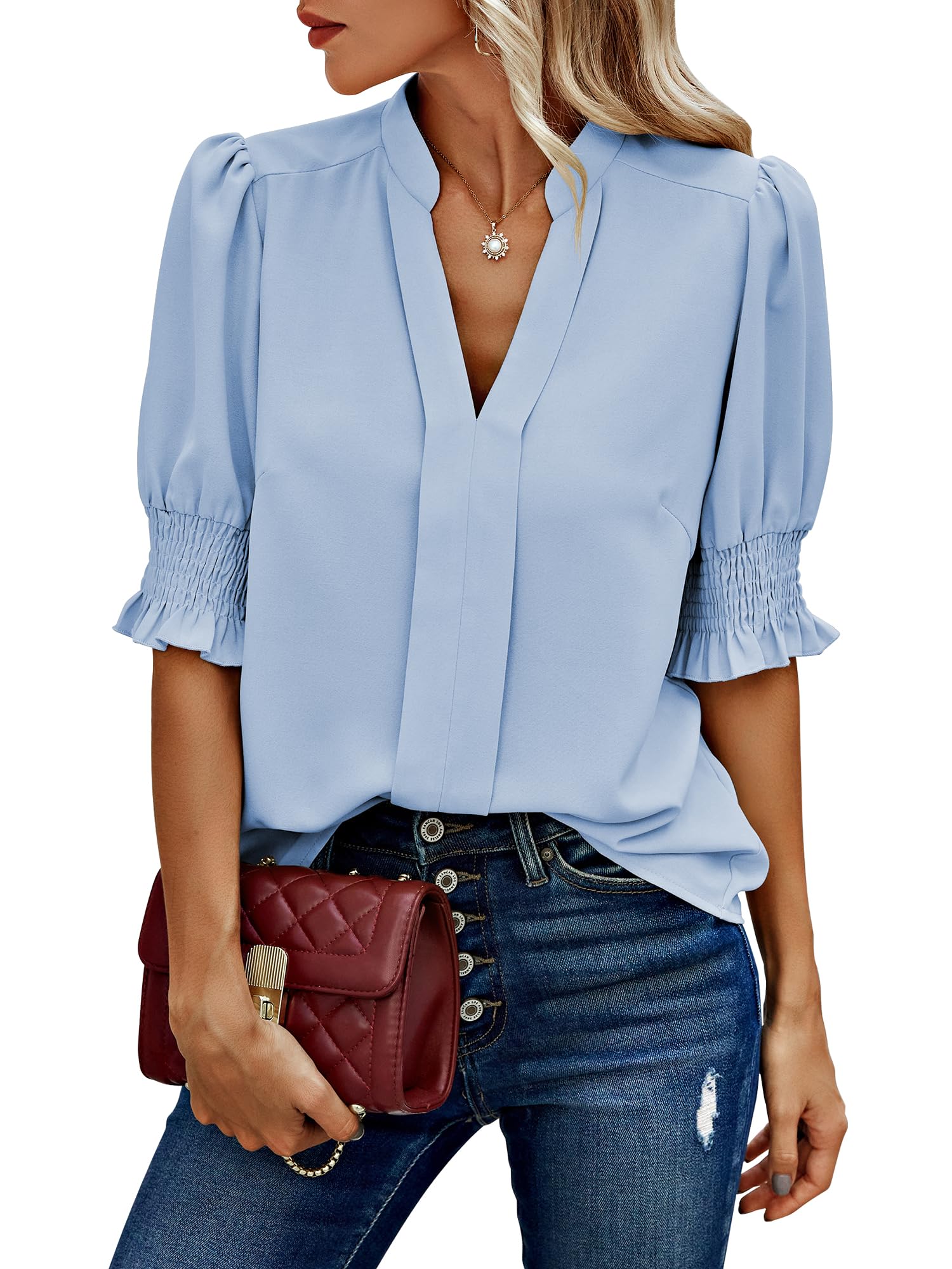 Theenkoln Bluse Damen Elegant V-Ausschnitt Oberteile Tunika Casual Shirt Tops