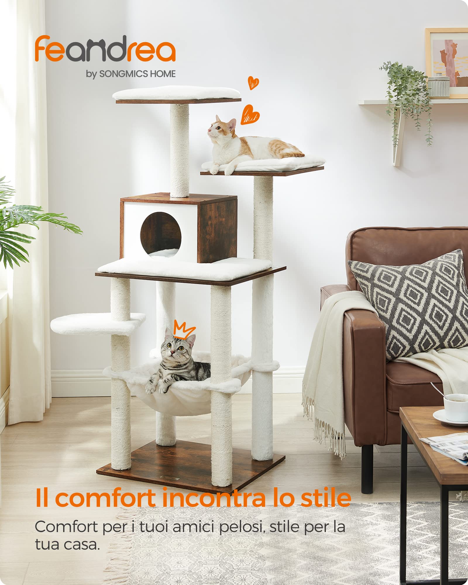 FEANDREA Albero per Gatti, Tiragraffi Moderno 138 cm, Condominio per Gatti a più Livelli con Tiragraffi, Casa sull'Albero con Amaca, Posatoi, Peluche Morbido, Cuscini Lavabili, Marrone Vintage