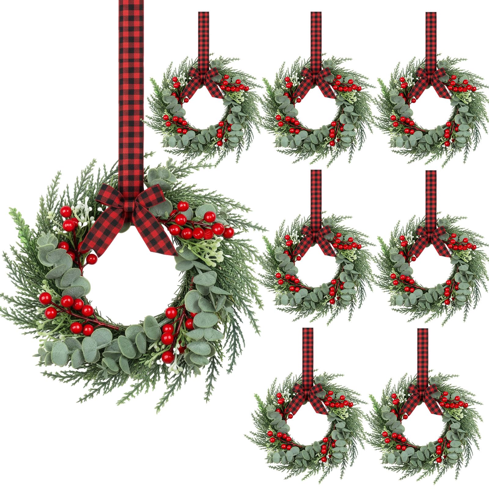 Lot de 8 anneaux de bougie de Noël artificiels baies rouges avec aiguilles de pin enneigées pour piliers rustiques pour décoration de table de mariage pour porte d'entrée