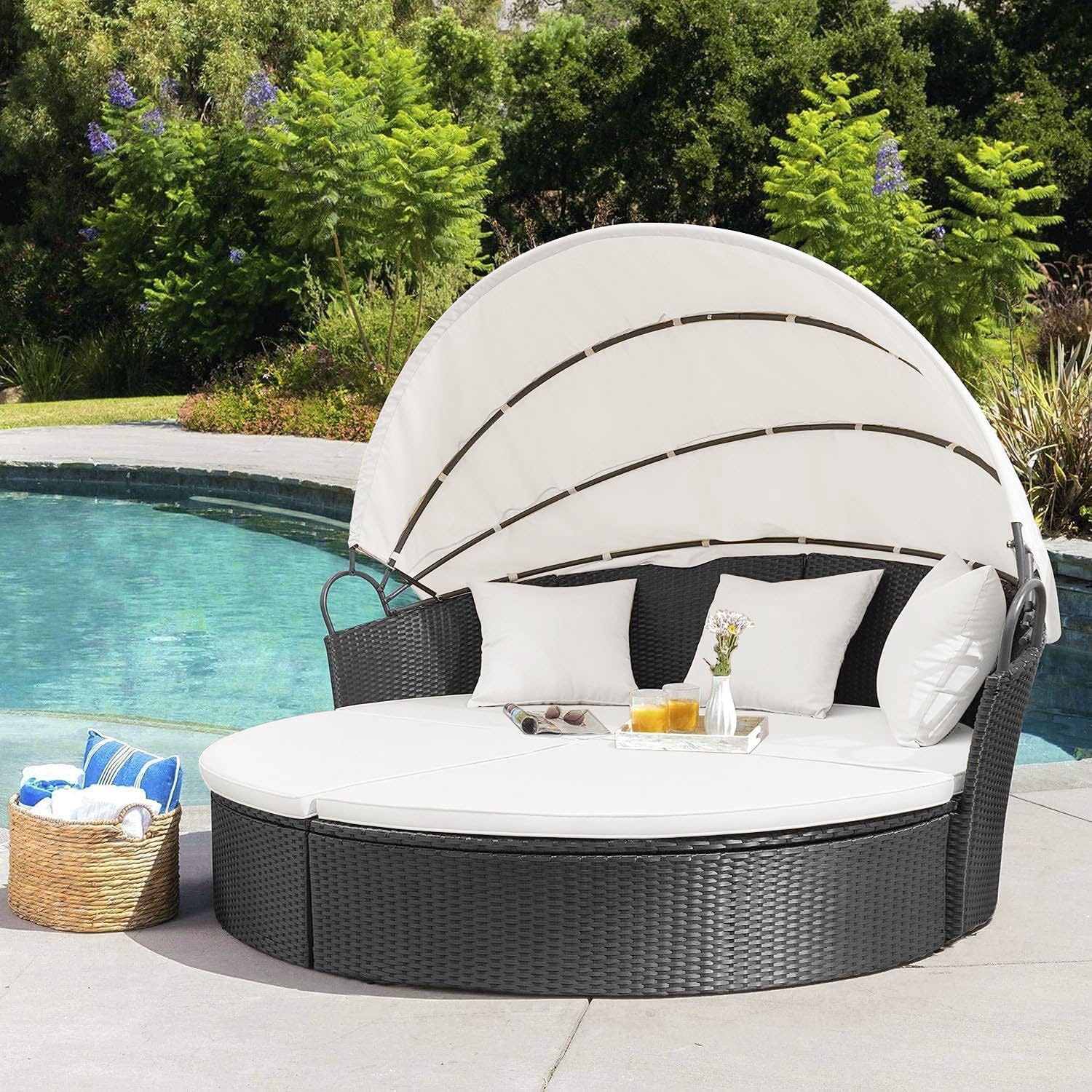 Homall Patio Outdoor Daybed with Retractable Canopy, Rattan Wicker Sectional Seating with Washable Cushions for Patio Backyard Porch Round Daybed Separated Seating (Beige)