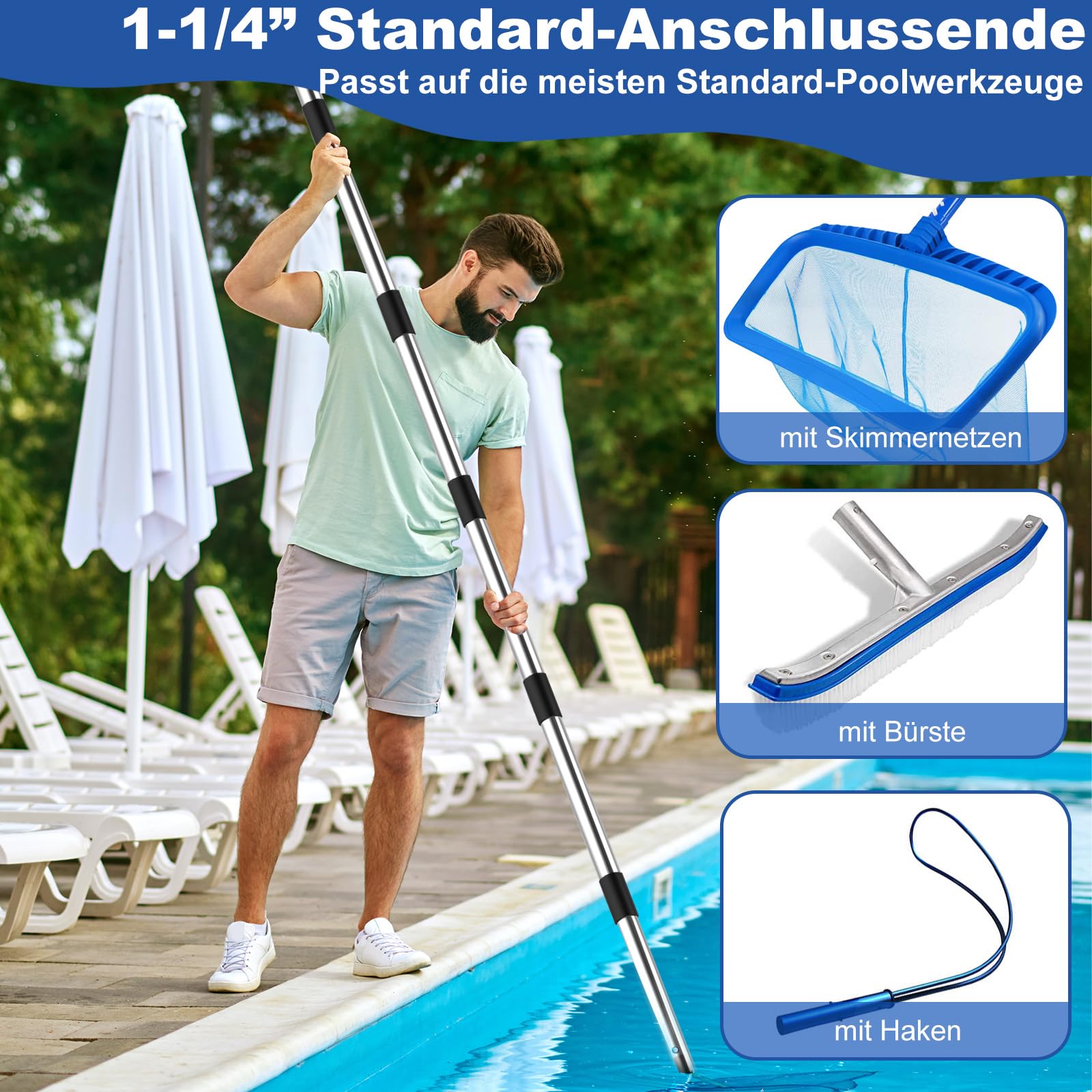 4BAOHUI Teleskopstange Pool Einstellbar von 75 cm bis 365 cm, Poolzubehör Pool Stange aus Rostfreiem Stahl und Stabil, Poolstange Ausfahrbar für Gängigen Keschern, Skimmer Net, Bodenbürsten